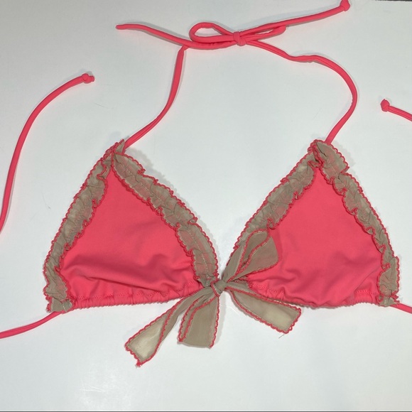 VICTORIA’S SECRET Triangle String Bikini Swim Top with Beige Ruffled Trim Medium - Picture 3 of 7